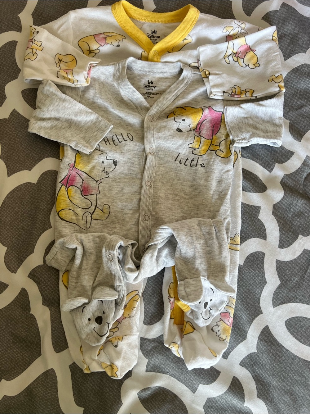 Disney Gray, Yellow & Pink Winnie the Pooh Footed One-Piece Newborn bundle
